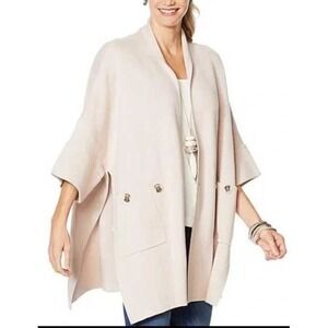 MarlaWynne Womens Small Beige‎ Knit Open Front Drape Pockets Kimono Oversized